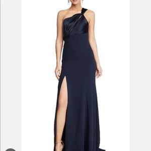 Cinq a Sept Navy Gown with Slit and Satin Top